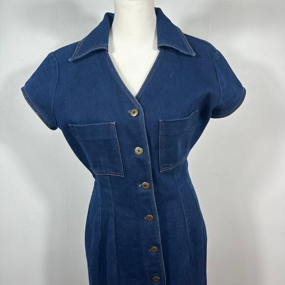 VTG Vesti Denim Shirt Dress Blue Button Front Midi Short Sleeve Utility Retro L - Picture 3 of 13